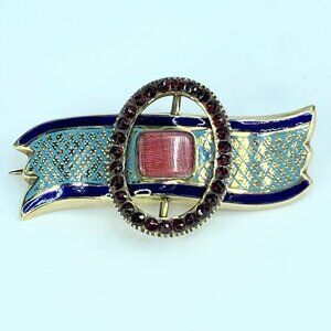 JR9933 19th century Enamel sentimental brooch with Garnet bucket brooch 14K 6.6g